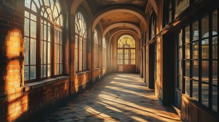 Sunlight Streaming Through Arched Windows in a Brick Corridor