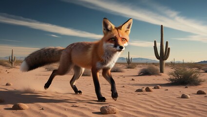 Fototapeta premium This striking photograph captures a fox navigating through a sparse desert landscape, where the contrast between the vivid red-orange of the fox's fur and the stark, sandy terrain is stunning.