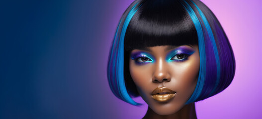 Obraz premium A vibrant, close-up portrait of a beautiful African American model with rich, smooth skin tones. She has a bold, futuristic, glossy bowl-cut hairstyle. Copy space