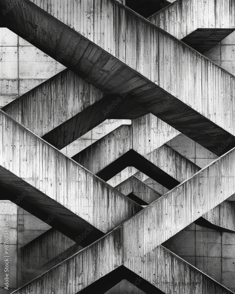Poster abstract concrete staircase with an intricate pattern of lines and angles, creating a visually dynam