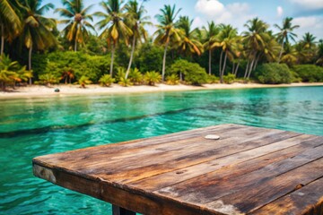 Obraz premium Tropical wooden deck overlooking a turquoise ocean.