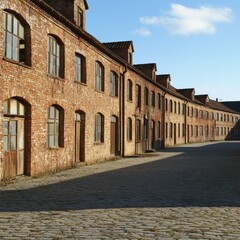 Obraz premium A row of old brick buildings with arched windows and doors, creating a sense of history and grandeur.