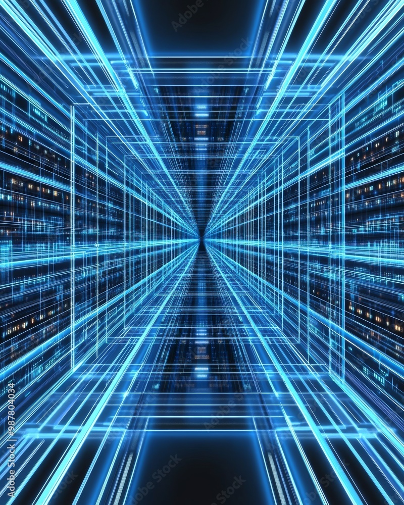 Poster a futuristic blue tunnel with glowing lines, creating a sense of endless depth and advanced technolo