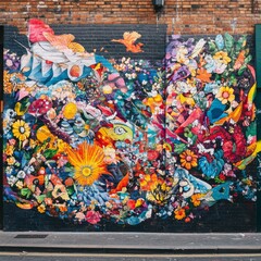 Vibrant street art mural brimming with colorful flowers and abstract designs, creating a lively urban atmosphere.