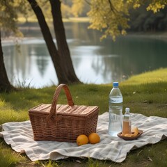 A picnic basket with a bottle of water on a blanket 