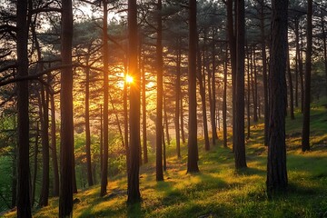 Obraz premium Golden sunset through tall pine trees in forest, scenic nature landscape photography