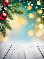 A festive background featuring Christmas decorations and soft bokeh lights.