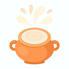 Dairy product in a clay pot. Milk splashes.