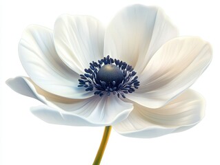 Fototapeta premium A delicate white flower with intricate petals and a dark center, symbolizing purity and elegance in nature, white background