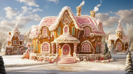 Fototapeta premium A gingerbread house village covered in snow with smoke coming from the chimneys