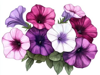 A vibrant collection of petunias in various colors, showcasing their beauty and delicate petals in a charming arrangement, white background