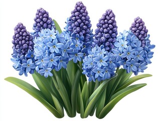 Fototapeta premium A vibrant display of blue hyacinth flowers, showcasing their lush petals and rich green leaves, perfect for floral designs, white background