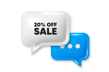 Sale 20 percent off discount. Chat speech bubble 3d icon. Promotion price offer sign. Retail badge symbol. Sale chat offer. Speech bubble banner. Text box balloon. Vector