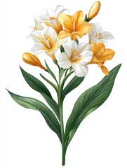 Beautiful bouquet featuring white and yellow blossoms with green leaves, perfect for floral design and nature references, white background