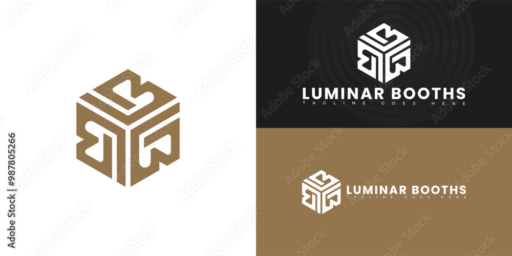 Poster modern hexagon vector initial letter lb or bl logo in gold color isolated on multiple background col