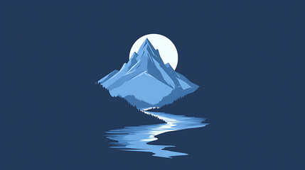 Minimalist vector illustration of a mountain range under a full moon with a river winding through the foreground.