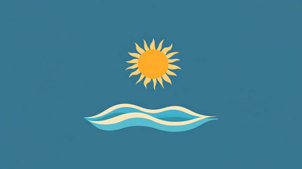 Obraz premium Simple illustration of a yellow sun above a blue wave.