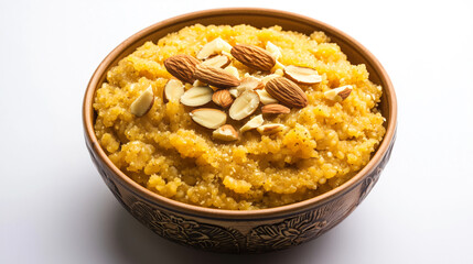 Rich, golden Moong Dal Ka Halwa garnished with almonds and cardamom, served in a traditional bowl