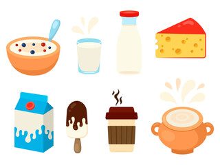 Set of dairy products in different packages. Milk splashes. Vector illustration