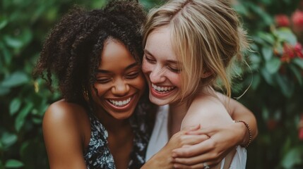 Two women are hugging each other and smiling