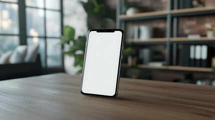 Smartphone on a wooden table in a modern office setting.