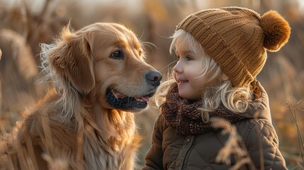 a happy child looks at a happy dog Close-up 