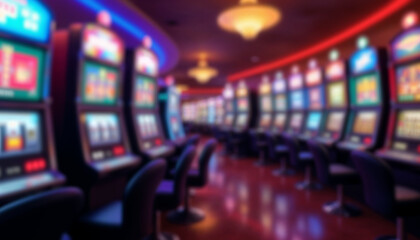 Naklejka premium Blurry casino with vibrant slot machines, perfect for abstract game of chance visuals.