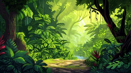 Lush green jungle with sunlight streaming through the canopy and a small stream in the distance.