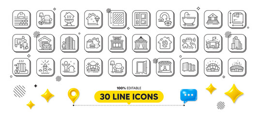 Fingerprint access, Circus tent and Lighthouse line icons pack. 3d design elements. Armchair, Arena stadium, Agent web icon. Skyscraper buildings, Build, Box size pictogram. Vector