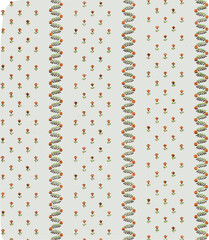 Vintage floral wallpaper with orange flowers, green leaves, and white dots on blue background.