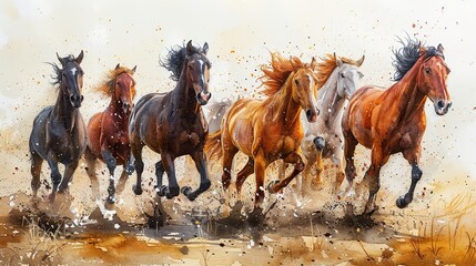 a watercolor painting a the many horses is running 