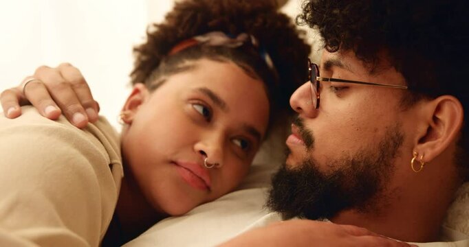 Home, bedroom and couple with love for sleeping, connection and bonding with relax in relationship. Dating people, man and woman with cuddle for security, hugging and tired with admiration in house