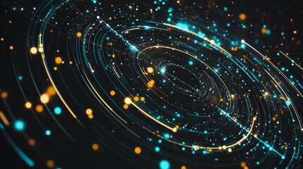 Obraz premium Abstract black background with Colorful geometric and circle lines. Digital future technology . Abstract business connection of lines from nodes innovation of communication in the network.