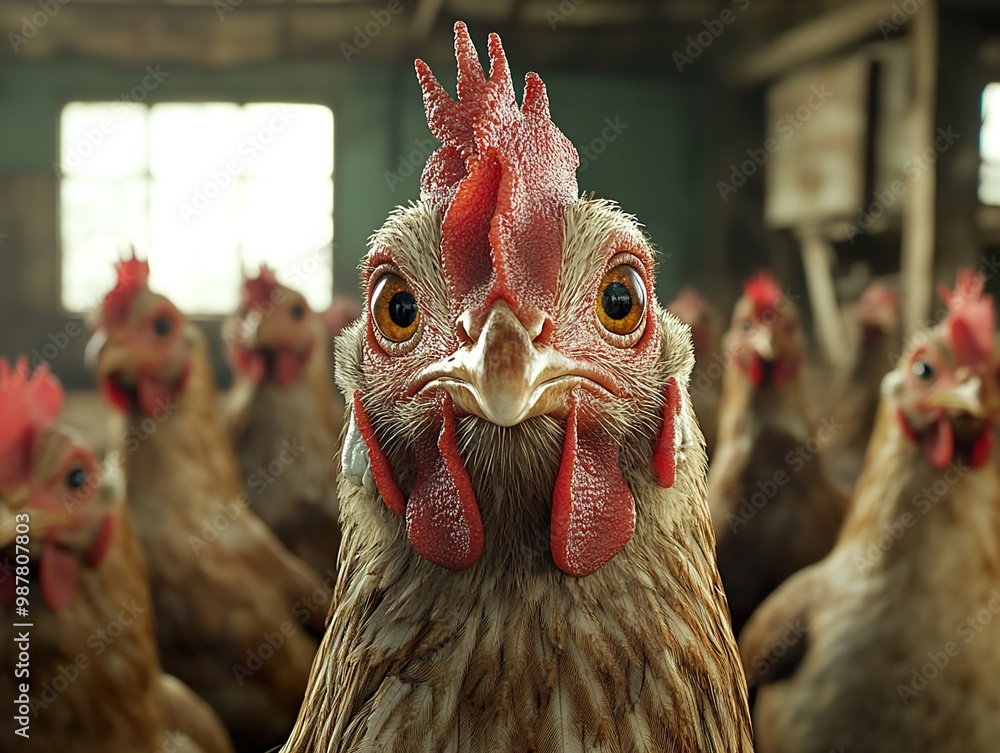 Wall mural Close-up Portrait of a Curious Chicken in a Coop