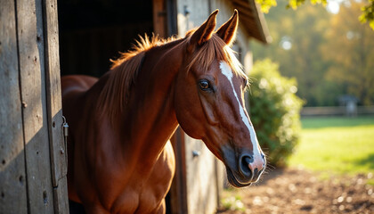 Obraz premium Brown horse with heart-shaped marking beside rustic barn walls, unique coat pattern.