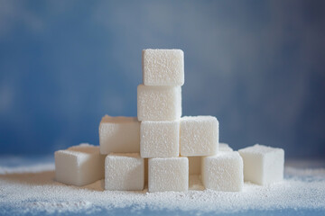 White Sugar Cubes Stacked on Blue Background