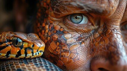 Fototapeta premium Snake man. Portrait of a man's face with a snake