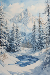 Naklejka premium Winter Mountain scenery, watercolor