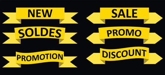 Set of yellow sale quality tags and labels isolated on black. Shopping stickers and badges. Discount sticker product tag set. Special offer, soldes, new, sale, discount, Promo.