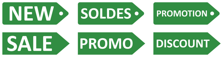 Set of yellow sale quality tags and labels isolated. Shopping stickers and badges. Discount sticker product tag set. Special offer, soldes, new, sale, discount, Promo.