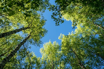 Fototapeta premium Looking up at the canopy of a forest with blue sky visible through the leaves