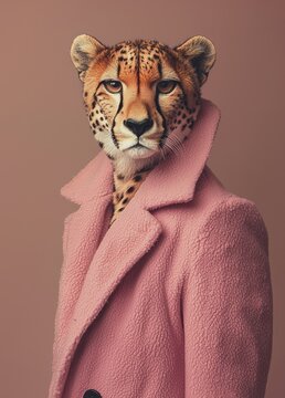 An anthropomorphic cheetah sports a stylish pink coat while striking a pose in front of a soft pastel background, embodying elegance and fashion in a contemporary setting.