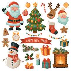 Collection of Christmas decorations including tree, reindeer, Santa Claus and gingerbread man. Vector clip art on white background