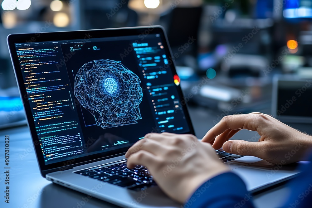 Poster a person using ai-powered software on a laptop, showcasing machine learning in action
