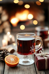 Mulled wine placed on a table near a cozy fireplace, surrounded by festive decorations