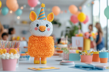 Pastel colored unicorn pinata on a decorated table surrounded by party supplies, balloons, and banners
