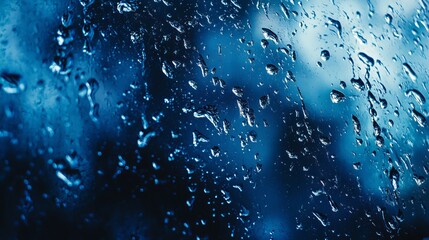 Teardrops of water on a dark glass window, sparkling under light. The wet surface creates an abstract, watery pattern, like scattered blobs of pure blue.