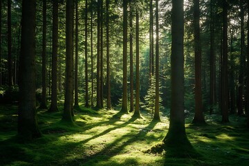 Sunlight streaming through the trees in a dense green forest