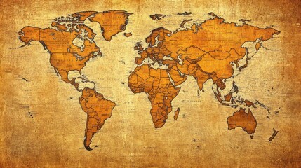 A vintage-style world map with an orange hue and detailed geographic outlines.