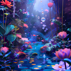 Create fantasy landscape illustrations featuring surreal 3D plants, floating bubbles-3